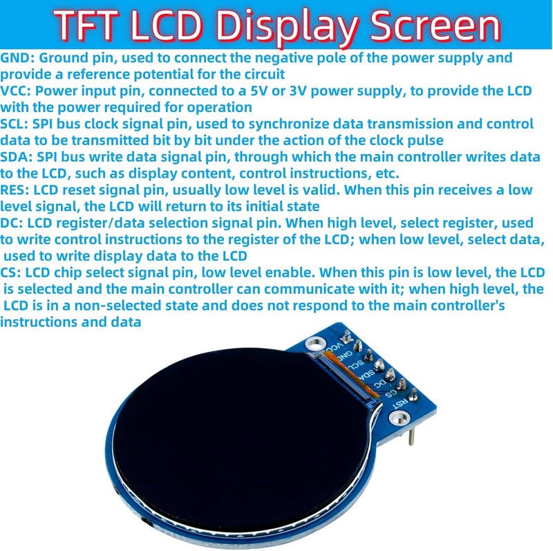 MTDELE 3Pcs TFT LCD Display Screen Compatible with for Arduino (1.28 Inch 240x240) Round Full Color HD IPS Full View RGB Touching Display GC9A01 Driver Chips 7 Pin SPI Interfac Welding Pins - Image 4